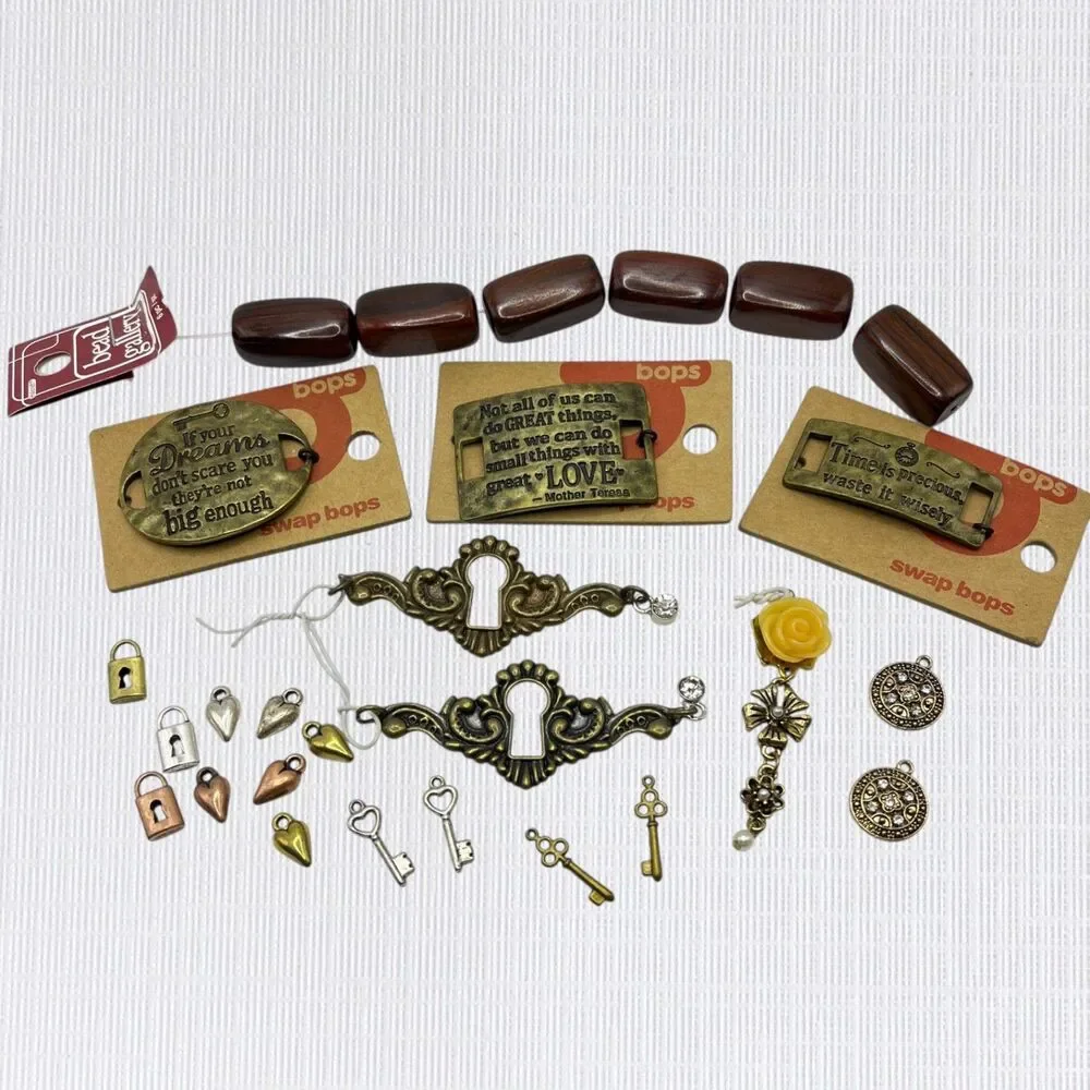 Lot Charms Pendants Wood Beads Retro Jewelry Making Craft Supplies Lock Key DIY